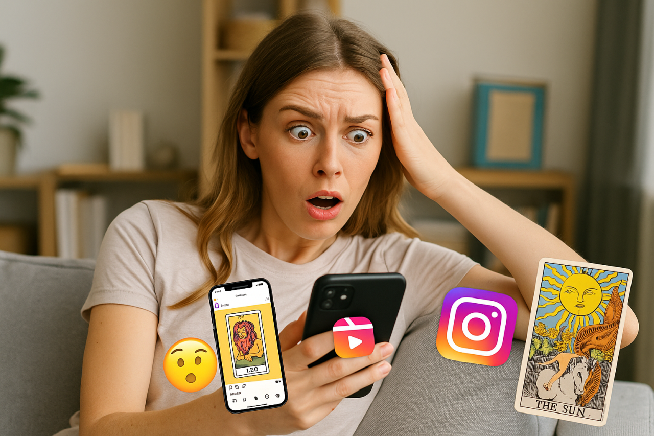 Woman scrolling on Instagram and noticing a surprising intuitive message on her phone